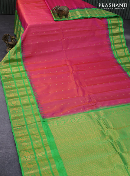 Pure gadwal silk saree dual shade of pink and light green with zari woven buttas and temple deisgn zari woven border