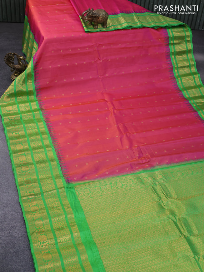 Pure gadwal silk saree dual shade of pink and light green with zari woven buttas and temple deisgn zari woven border