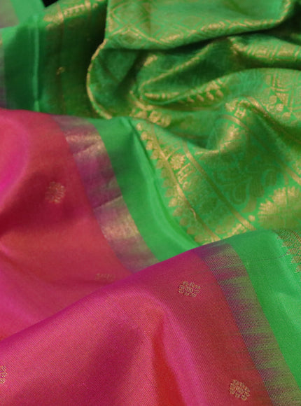 Pure gadwal silk saree dual shade of pink and light green with zari woven buttas and temple deisgn zari woven border