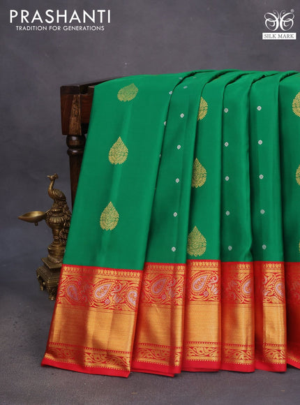 Pure gadwal silk saree green and red with zari woven buttas and long zari woven border