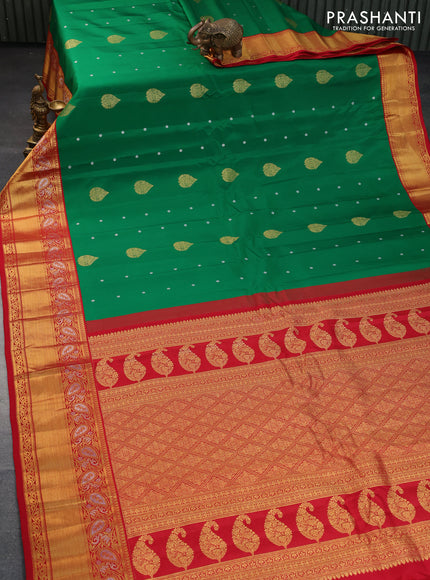 Pure gadwal silk saree green and red with zari woven buttas and long zari woven border