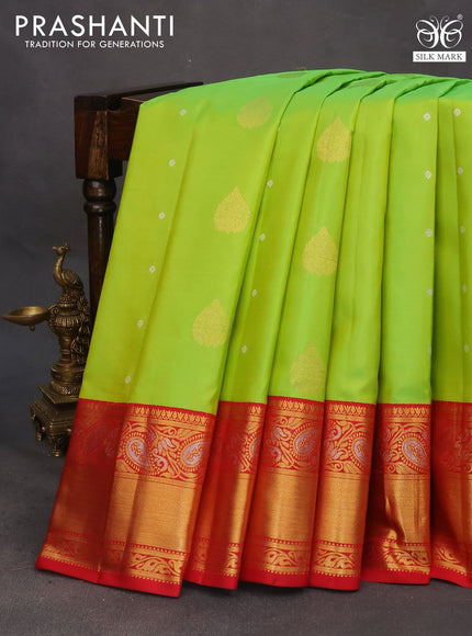 Pure gadwal silk saree light green and red with zari woven buttas and zari woven border