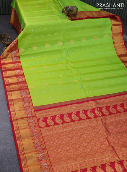 Pure gadwal silk saree light green and red with zari woven buttas and zari woven border