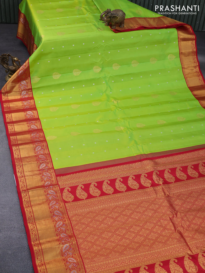 Pure gadwal silk saree light green and red with zari woven buttas and zari woven border