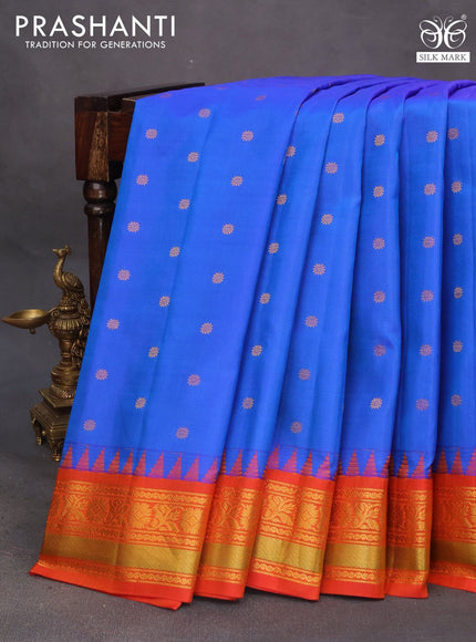 Pure gadwal silk saree blue and orange with zari woven buttas and temple deisgn zari woven border