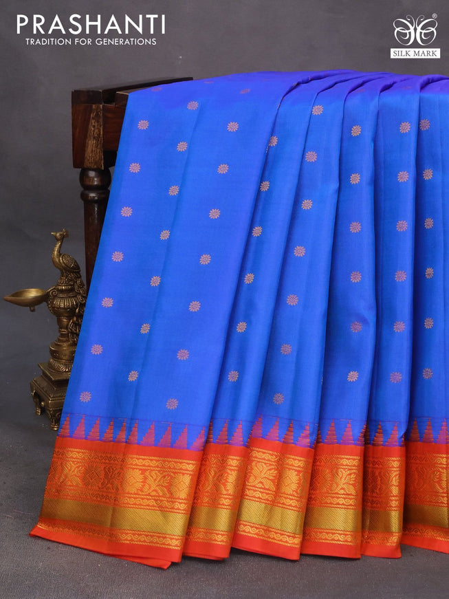 Pure gadwal silk saree blue and orange with zari woven buttas and temple deisgn zari woven border