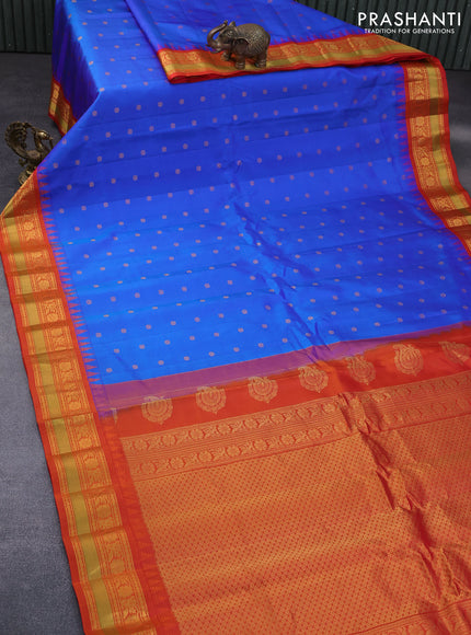 Pure gadwal silk saree blue and orange with zari woven buttas and temple deisgn zari woven border