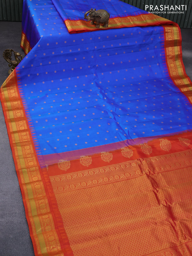 Pure gadwal silk saree blue and orange with zari woven buttas and temple deisgn zari woven border