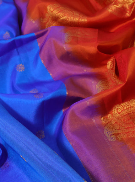 Pure gadwal silk saree blue and orange with zari woven buttas and temple deisgn zari woven border