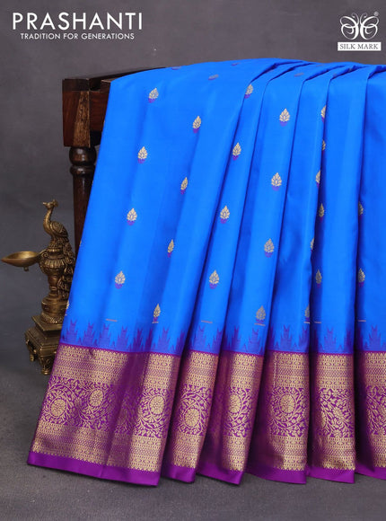 Pure gadwal silk saree blue and violet with zari woven buttas and temple deisgn zari woven border