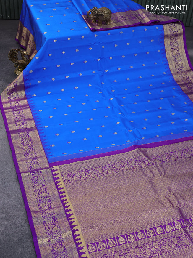 Pure gadwal silk saree blue and violet with zari woven buttas and temple deisgn zari woven border