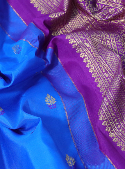 Pure gadwal silk saree blue and violet with zari woven buttas and temple deisgn zari woven border