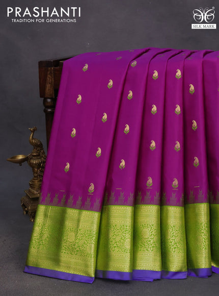 Pure gadwal silk saree purple and light green with zari woven buttas and temple deisgn zari woven border