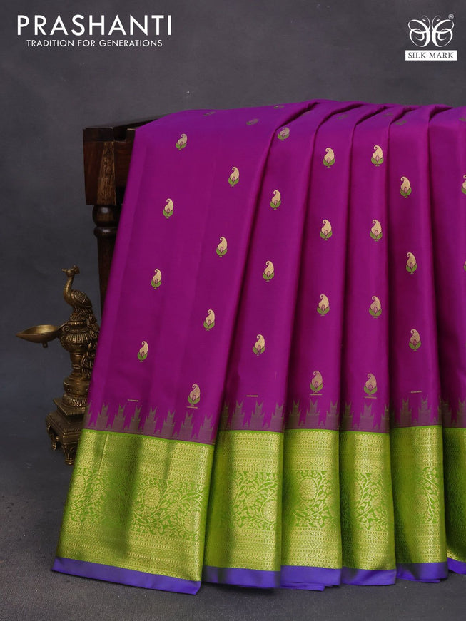 Pure gadwal silk saree purple and light green with zari woven buttas and temple deisgn zari woven border