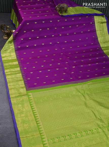 Pure gadwal silk saree purple and light green with zari woven buttas and temple deisgn zari woven border