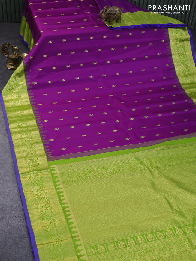 Pure gadwal silk saree purple and light green with zari woven buttas and temple deisgn zari woven border