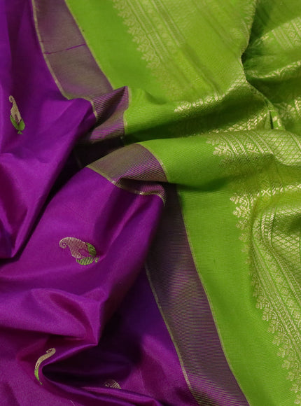 Pure gadwal silk saree purple and light green with zari woven buttas and temple deisgn zari woven border