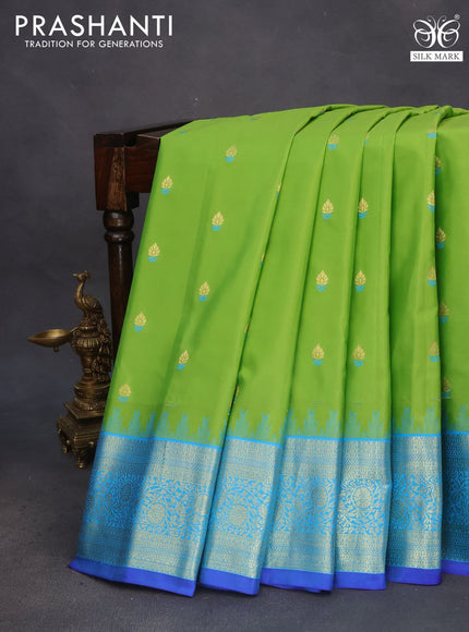 Pure gadwal silk saree light green and light blue with zari woven buttas and temple deisgn zari woven border