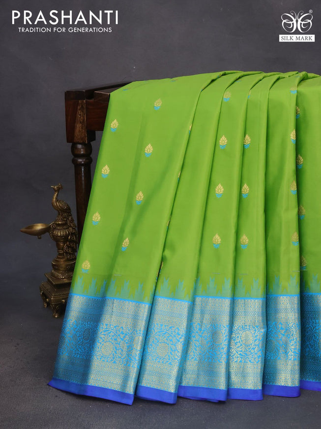 Pure gadwal silk saree light green and light blue with zari woven buttas and temple deisgn zari woven border