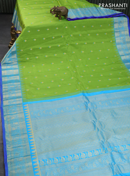 Pure gadwal silk saree light green and light blue with zari woven buttas and temple deisgn zari woven border