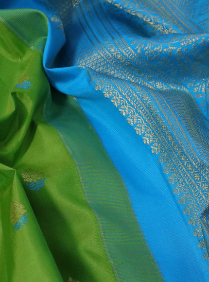 Pure gadwal silk saree light green and light blue with zari woven buttas and temple deisgn zari woven border