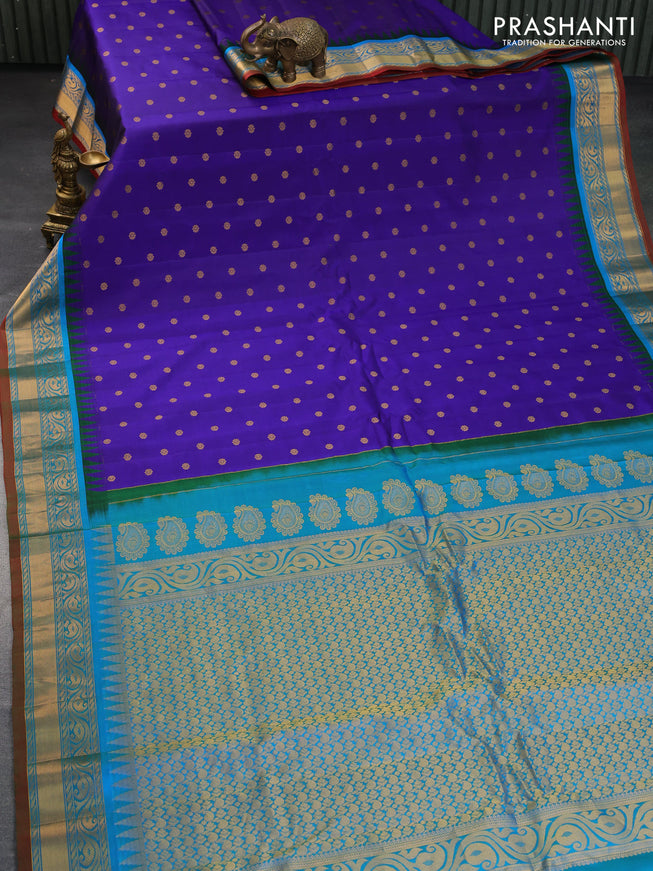 Pure gadwal silk saree blue and dual shade of teal blue with zari woven buttas and temple deisgn zari woven border