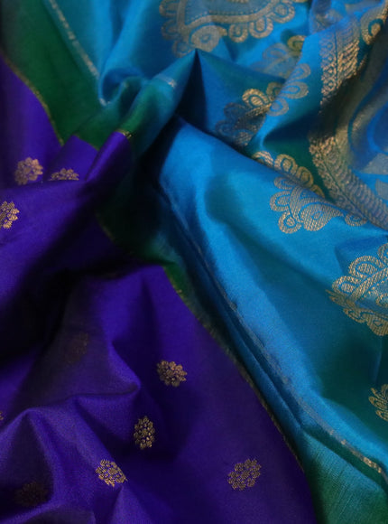 Pure gadwal silk saree blue and dual shade of teal blue with zari woven buttas and temple deisgn zari woven border