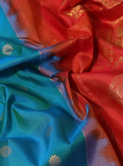 Pure gadwal silk saree teal blue and orange with zari woven buttas and temple deisgn long zari woven border