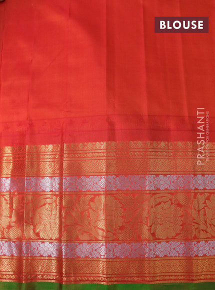 Pure gadwal silk saree teal blue and orange with zari woven buttas and temple deisgn long zari woven border