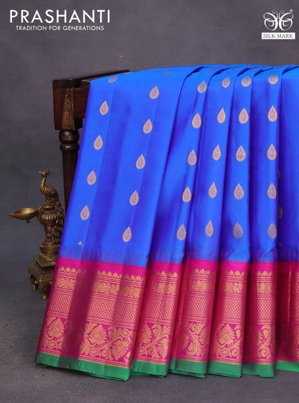 Pure gadwal silk saree blue and pink with zari woven buttas and temple deisgn zari woven border