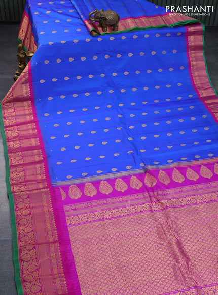 Pure gadwal silk saree blue and pink with zari woven buttas and temple deisgn zari woven border