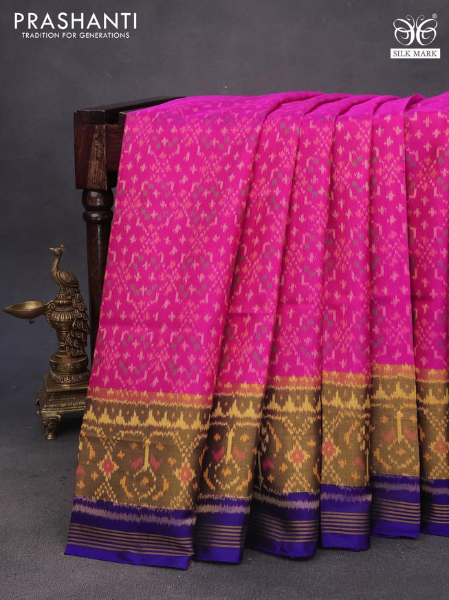 Rajkot patola silk saree pink and blue with allover ikat weaves and ikat woven zari border