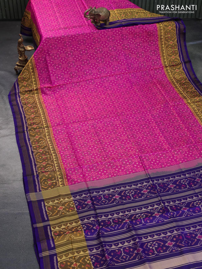 Rajkot patola silk saree pink and blue with allover ikat weaves and ikat woven zari border