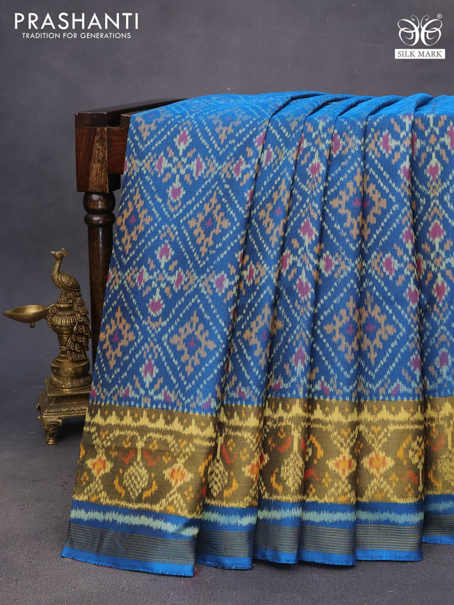 Rajkot patola silk saree peacock blue with allover ikat weaves and ikat woven zari border