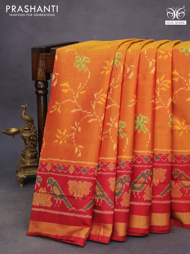 Rajkot patola silk saree dual shade of dark mustard and maroon with allover ikat weaves and ikat woven zari border