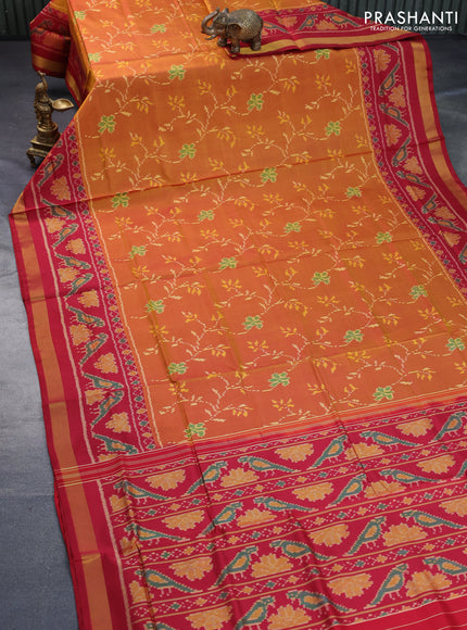 Rajkot patola silk saree dual shade of dark mustard and maroon with allover ikat weaves and ikat woven zari border