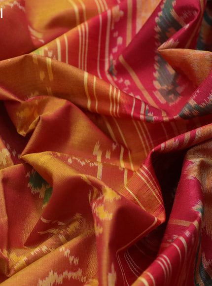 Rajkot patola silk saree dual shade of dark mustard and maroon with allover ikat weaves and ikat woven zari border