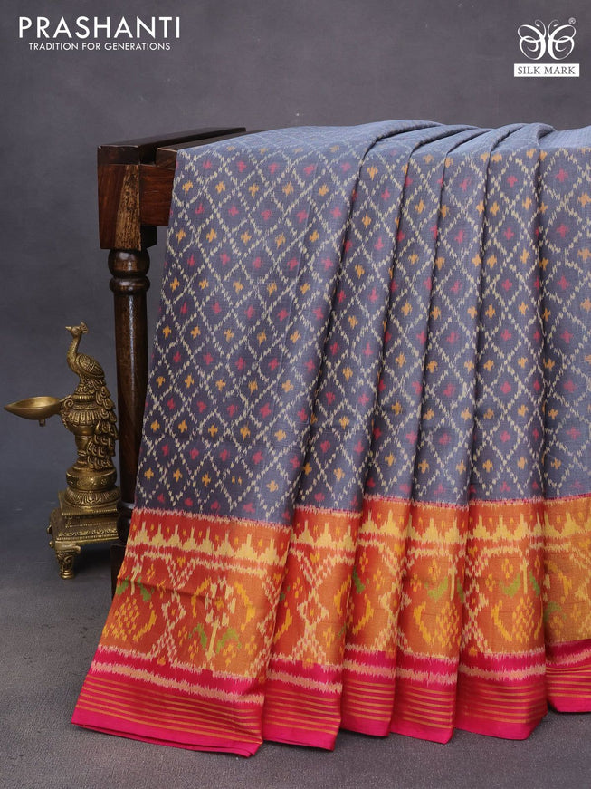 Rajkot patola silk saree grey and pink with allover ikat weaves and ikat woven zari border