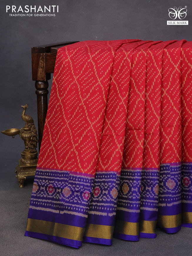 Rajkot patola silk saree maroon and blue with allover ikat weaves and ikat woven zari border