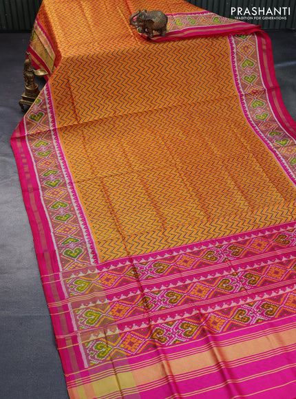 Rajkot patola silk saree mango yellow and pink with allover zig zag ikat weaves and ikat woven zari border