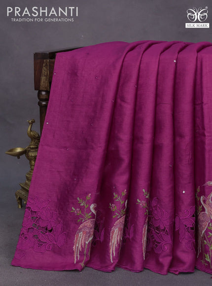 Pure tussar silk saree magenta pink with allover mirror work and embroidery design cut work border