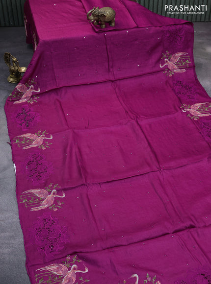 Pure tussar silk saree magenta pink with allover mirror work and embroidery design cut work border