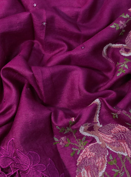 Pure tussar silk saree magenta pink with allover mirror work and embroidery design cut work border