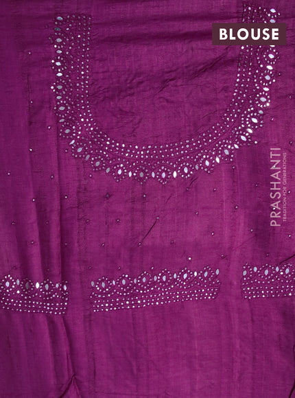 Pure tussar silk saree magenta pink with allover mirror work and embroidery design cut work border