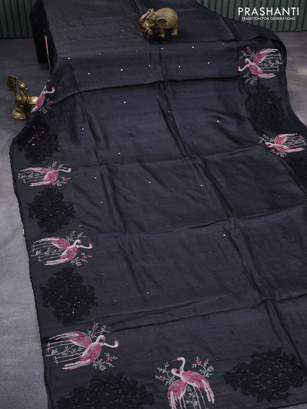 Pure tussar silk saree black with allover mirror work and embroidery design cut work border