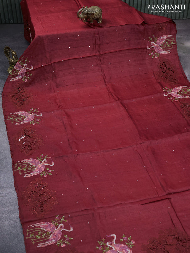 Pure tussar silk saree maroon with allover mirror work and embroidery design cut work border