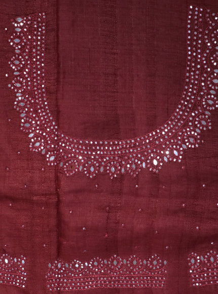 Pure tussar silk saree maroon with allover mirror work and embroidery design cut work border