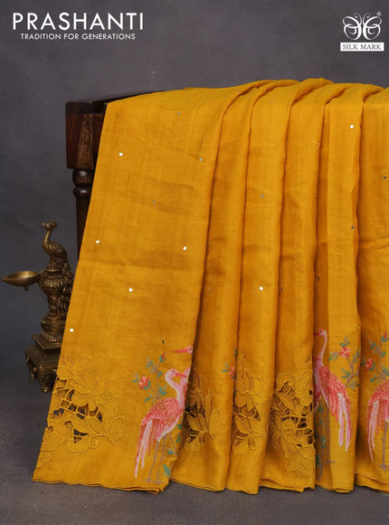 Pure tussar silk saree mustard yellow with allover mirror work and embroidery design cut work border