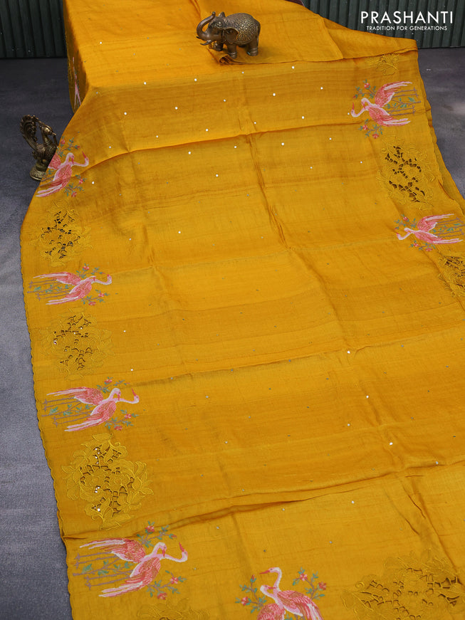 Pure tussar silk saree mustard yellow with allover mirror work and embroidery design cut work border