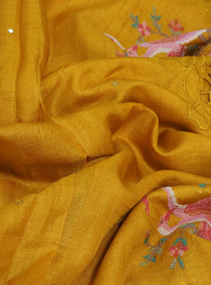 Pure tussar silk saree mustard yellow with allover mirror work and embroidery design cut work border